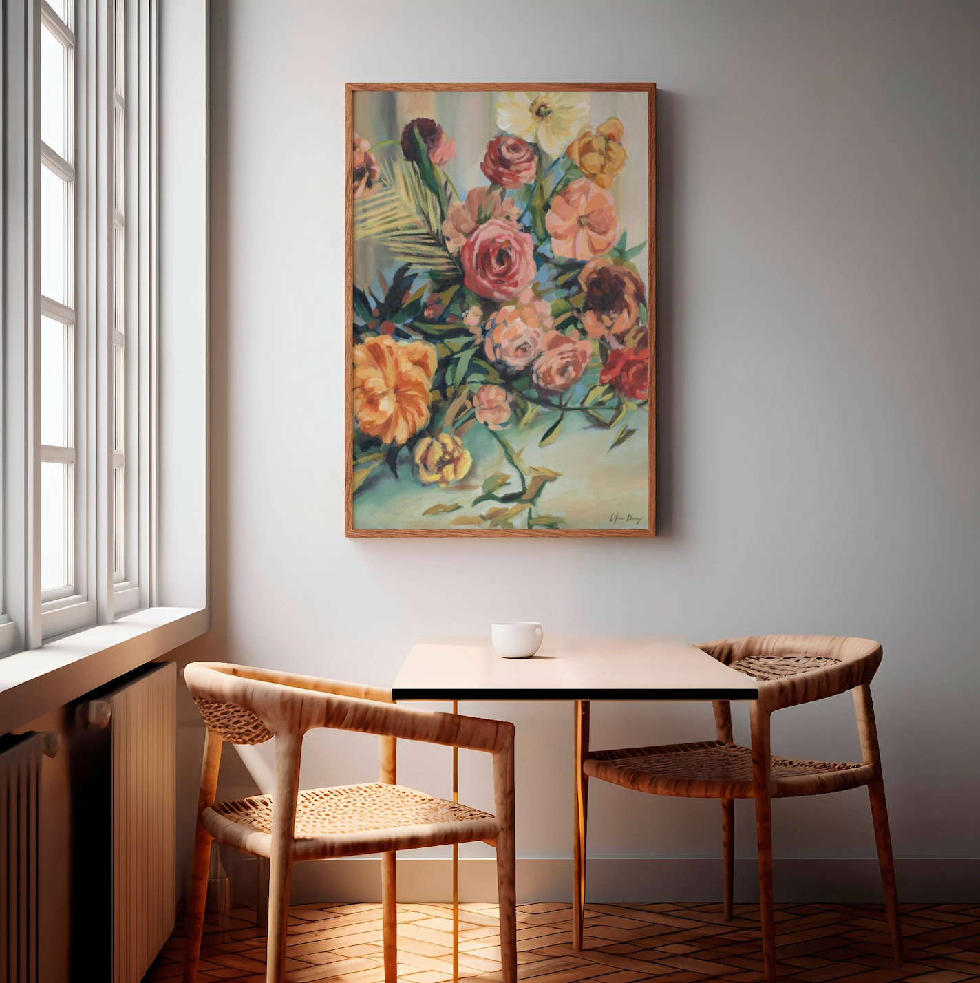 Dining area with a table and chairs, and a colorful still life floral painting on the wall.