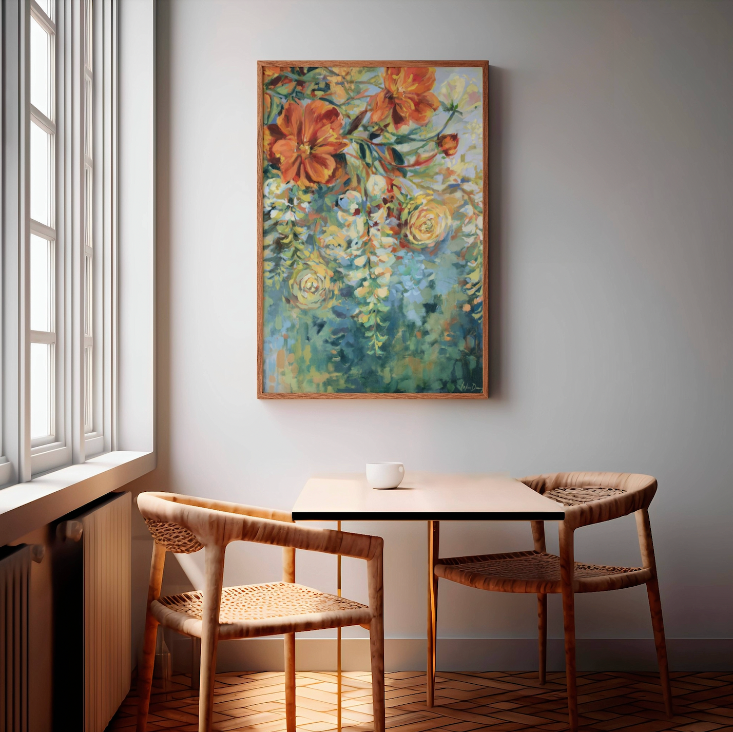 Dining room with a bright floral painting on the wall, table, and chairs.