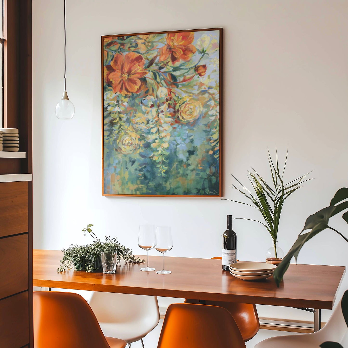 Dining room with a wooden table, chairs, and a abstract floral painting on the wall.
