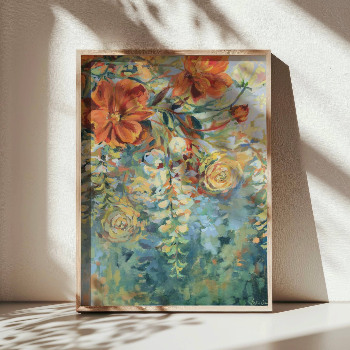 Framed wisteria floral painting with vibrant colors on a neutral background