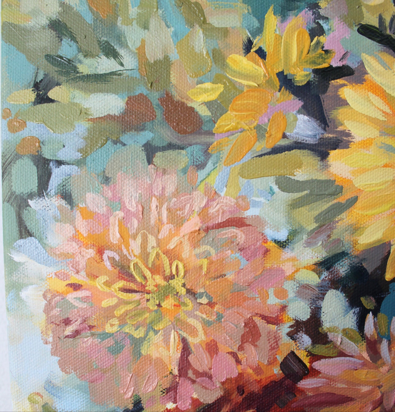 Colorful floral painting with a focus on vibrant flowers and leaves.