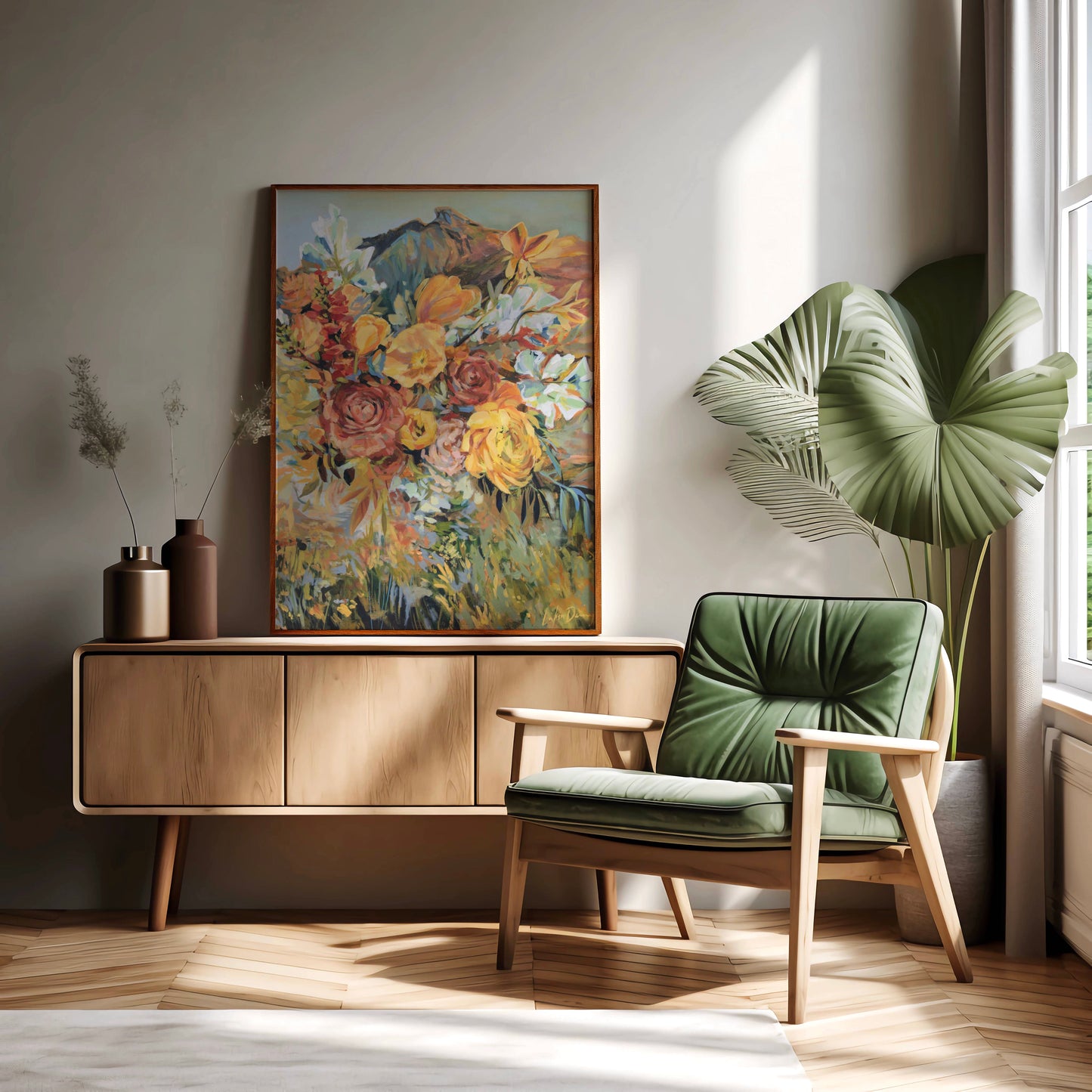Modern interior with a wooden sideboard, green armchair, and floral painting.