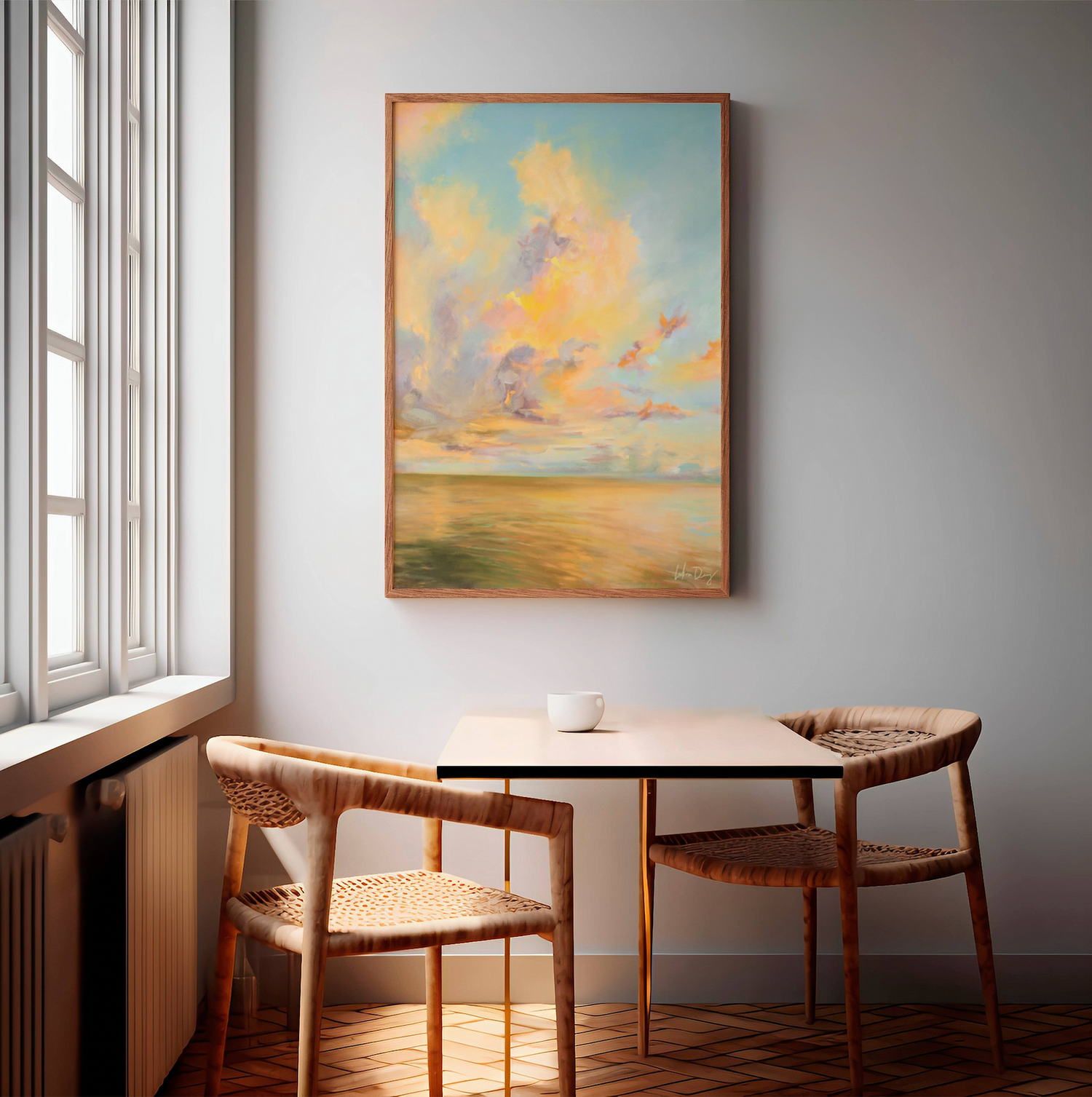Dining room with a table and chairs, and a large painting on the wall.