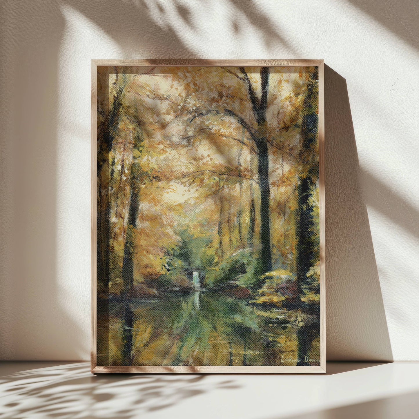 Serene Waterfall Artwork | Oil Painting | Acrylic Painting | Vibrant Nature Wall Art | Golden Forest Poster | Sunlit Autumn Trees Painting | Fall Artwork | Forest Print | Meaningful Home Decor | Midcentury Modern Wall Art | Lakin Rose Art | Lakin Denny