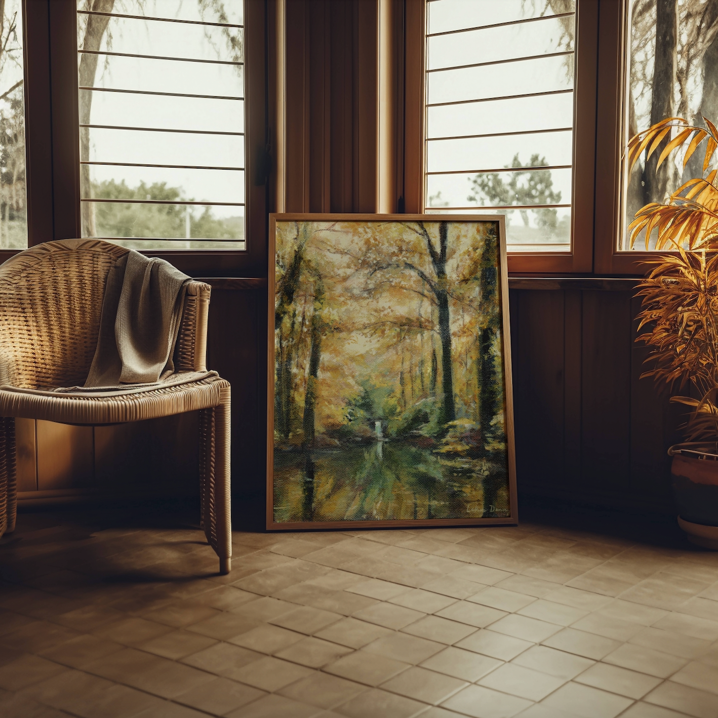 Serene Waterfall Artwork | Oil Painting | Acrylic Painting | Vibrant Nature Wall Art | Golden Forest Poster | Sunlit Autumn Trees Painting | Fall Artwork | Forest Print | Meaningful Home Decor | Midcentury Modern Wall Art | Lakin Rose Art | Lakin Denny
