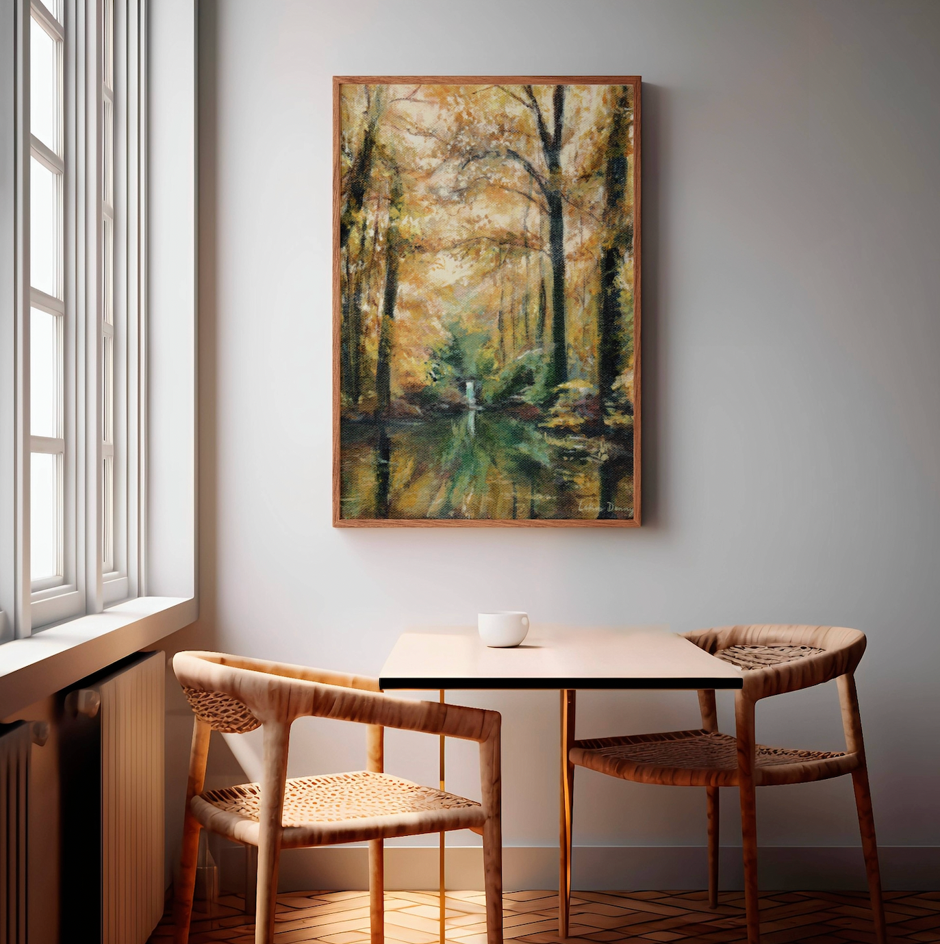 Serene Waterfall Artwork | Vibrant Nature Wall Art | Golden Forest Poster | Sunlit Autumn Trees Painting | Fall Artwork | Forest Print | Meaningful Home Decor | Midcentury Modern Wall Art | Lakin Rose Art | Lakin Denny