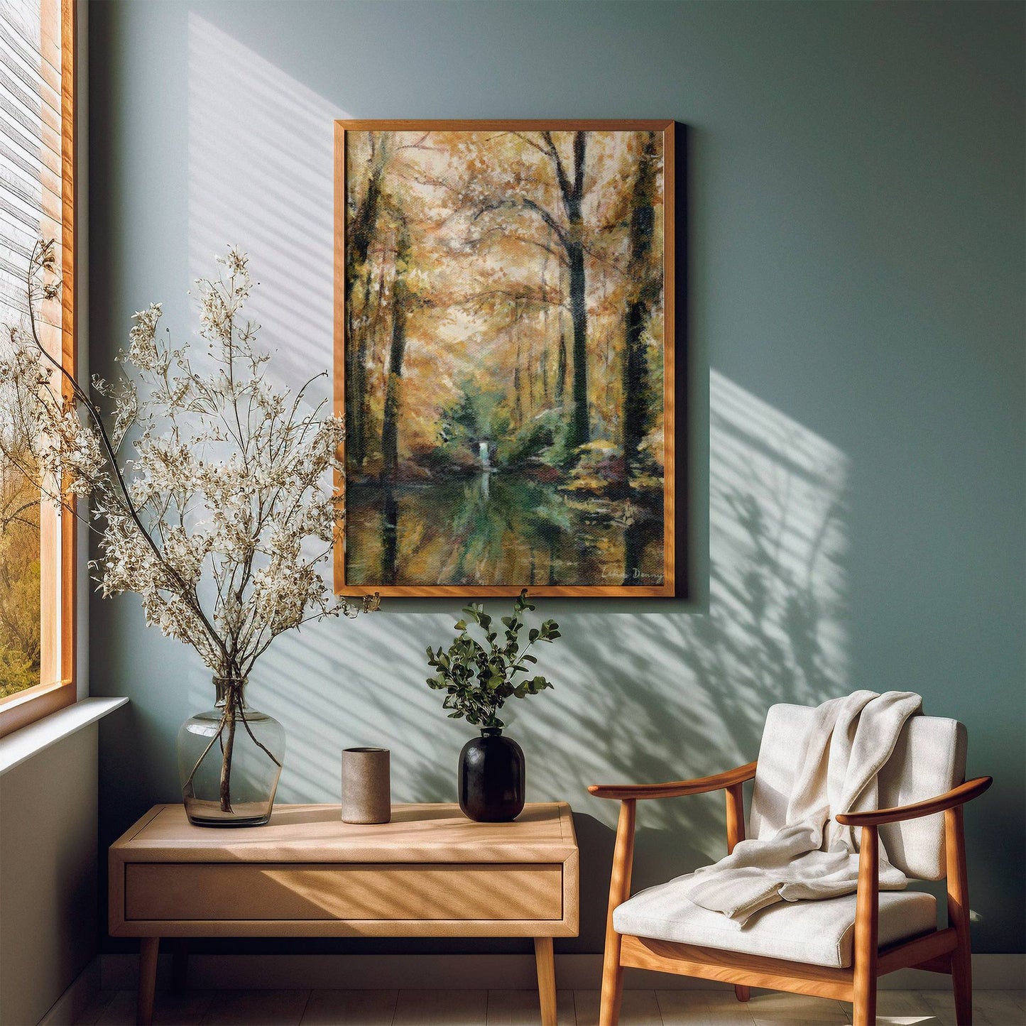 Serene Waterfall Artwork | Oil Painting | Acrylic Painting | Vibrant Nature Wall Art | Golden Forest Poster | Sunlit Autumn Trees Painting | Fall Artwork | Forest Print | Meaningful Home Decor | Midcentury Modern Wall Art | Lakin Rose Art | Lakin Denny