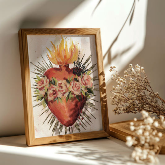 Catholic Devout Mary Blessed Mother Heart Wall Art Print, Kitchen home artwork decor, Painting Artwork, 8x10 inch, Lakin Denny Rose Art