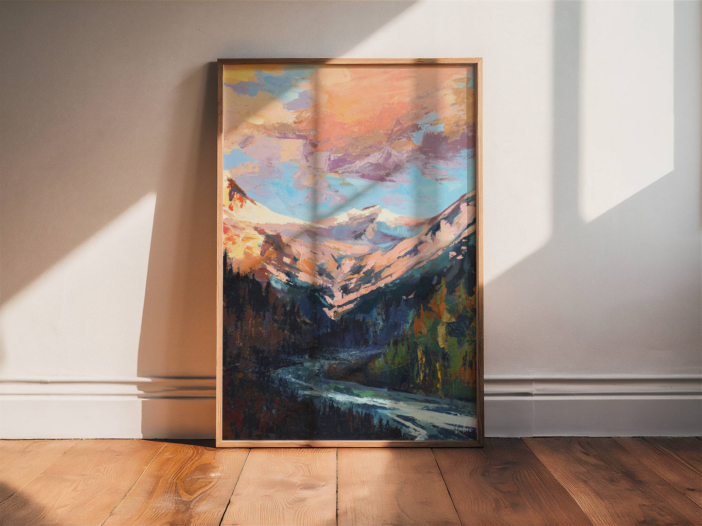 Cloud Sunset Painting | Colorado Mountains Art Print | Beautiful Sunrise Stream Landscape Artwork | Vintage Midcentury Home Decor | Vibrant Nature Wall Art | Serene River Mountain Poster | Light Meaningful Christian Art | Lakin Rose Art | Lakin Denny