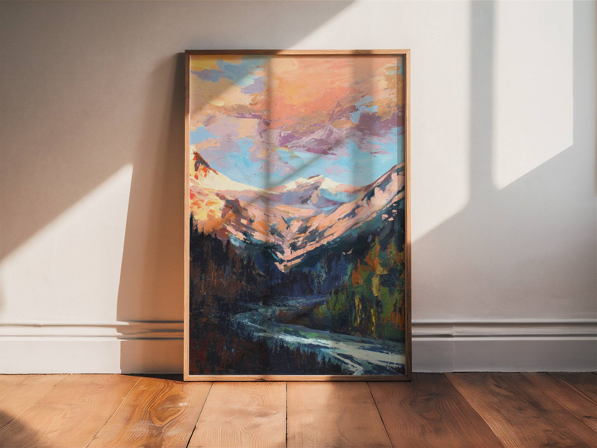 Cloud Sunset Painting | Colorado Mountains Art Print | Beautiful Sunrise Stream Landscape Artwork | Vintage Midcentury Home Decor | Vibrant Nature Wall Art | Serene River Mountain Poster | Light Meaningful Christian Art | Lakin Rose Art | Lakin Denny