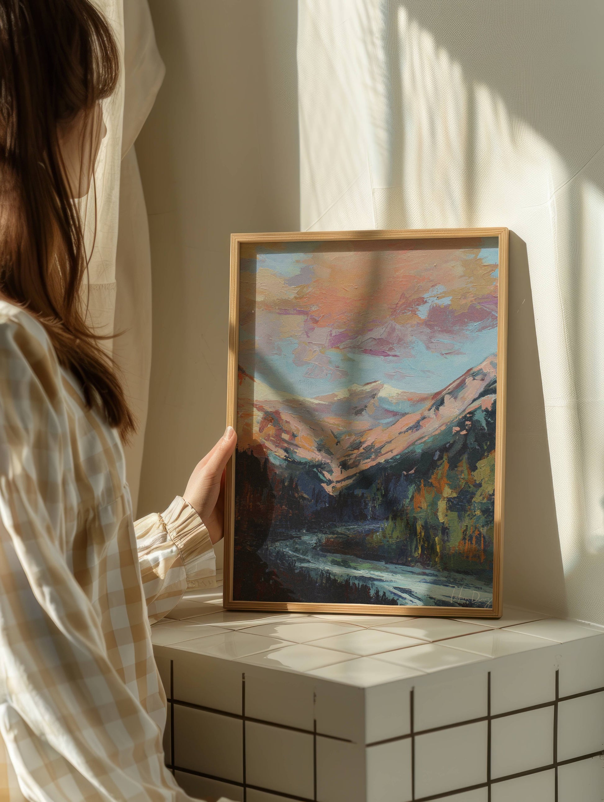 Cloud Sunset Painting | Colorado Mountains Art Print | Beautiful Sunrise Stream Landscape Artwork | Vintage Midcentury Home Decor | Vibrant Nature Wall Art | Serene River Mountain Poster | Light Meaningful Christian Art | Lakin Rose Art | Lakin Denny