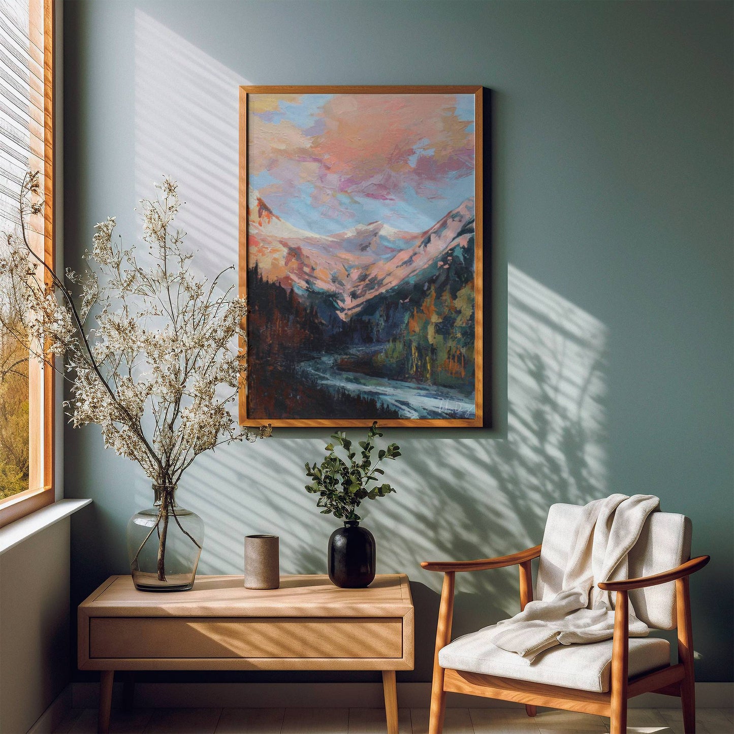 Cloud Sunset Painting | Colorado Mountains Art Print | Beautiful Sunrise Stream Landscape Artwork | Vintage Midcentury Home Decor | Vibrant Nature Wall Art | Serene River Mountain Poster | Light Meaningful Christian Art | Lakin Rose Art | Lakin Denny