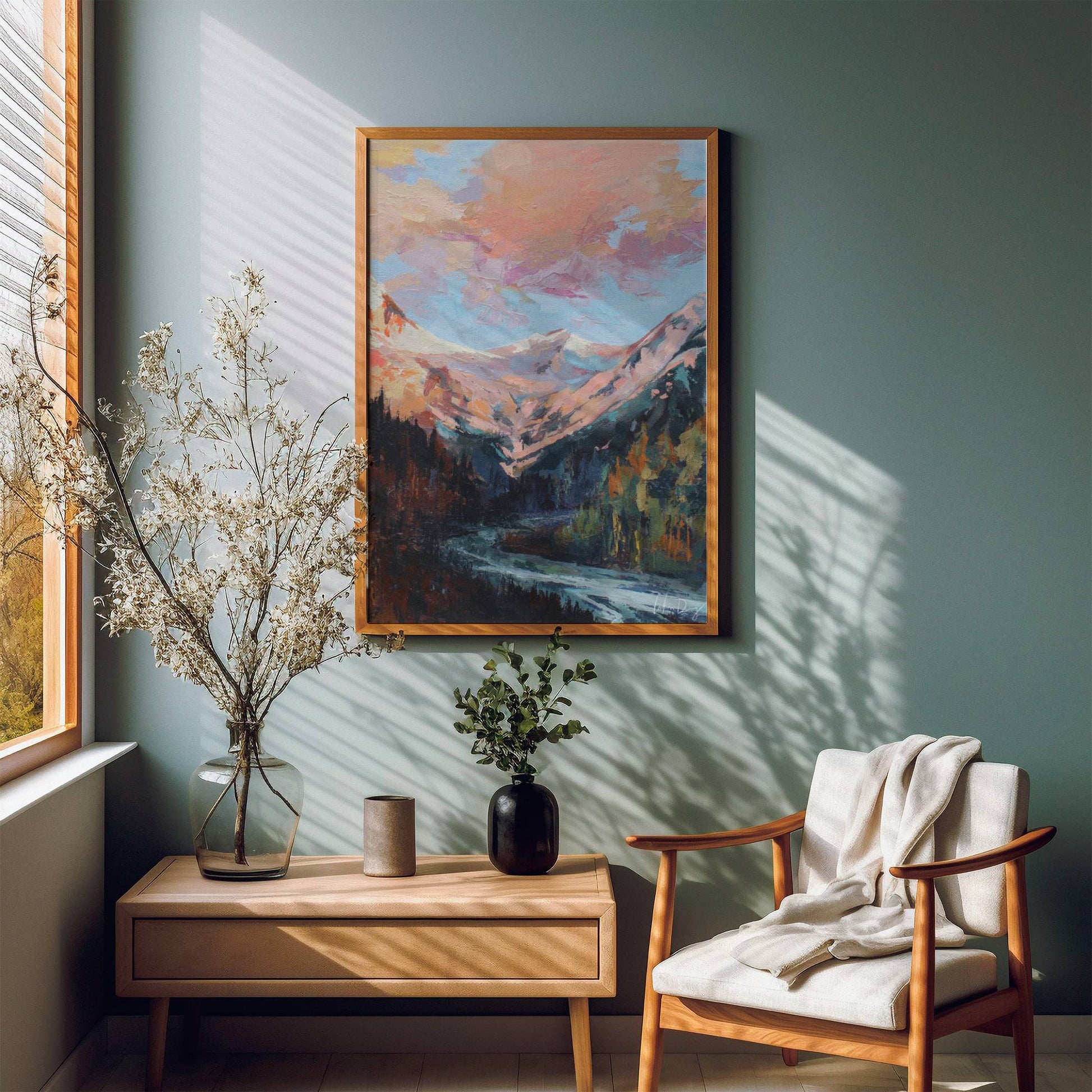 Cloud Sunset Painting | Colorado Mountains Art Print | Beautiful Sunrise Stream Landscape Artwork | Vintage Midcentury Home Decor | Vibrant Nature Wall Art | Serene River Mountain Poster | Light Meaningful Christian Art | Lakin Rose Art | Lakin Denny