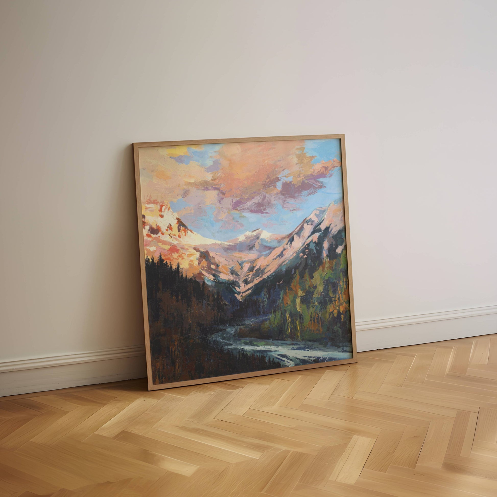 Cloud Sunset Painting | Colorado Mountains Art Print | Beautiful Sunrise Stream Landscape Artwork | Vintage Midcentury Home Decor | Vibrant Nature Wall Art | Serene River Mountain Poster | Light Meaningful Christian Art | Lakin Rose Art | Lakin Denny