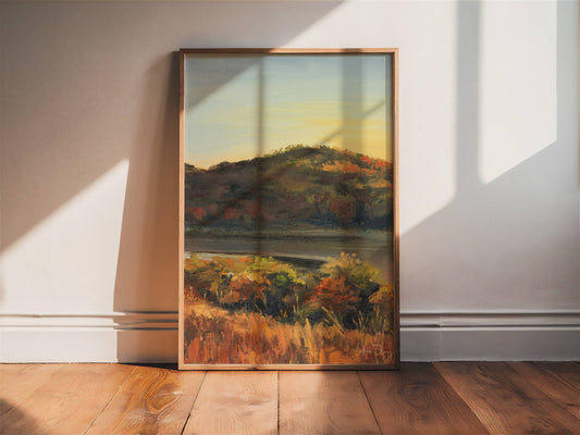 Field Sunset Oil Painting | Autumn Art Print | Warm Fall Landscape Artwork | Vintage Wall Art | Midcentury Modern Home Decor | Vibrant Nature Wall Art | Serene Rolling Hills Poster | Kansas Wall Print | Flint Hills Art | Lakin Rose Art | Lakin Denny