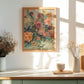 Floral still life painting on a wall with sunlight streaming through a window