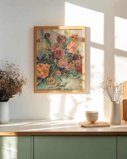 Floral still life painting on a wall with sunlight streaming through a window