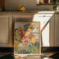 Framed floral painting on a kitchen counter with cabinets and plants in the background