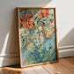 Framed floral painting on a wooden floor with sunlight casting shadows.