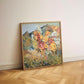 Framed painting of a floral bouquet on a wooden floor against a white wall