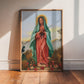 Framed painting of a religious figure on a wooden floor with sunlight casting shadows.
