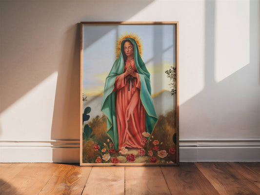 Framed painting of a religious figure on a wooden floor with sunlight casting shadows.