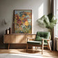 Modern interior with a wooden sideboard, green armchair, and floral painting.
