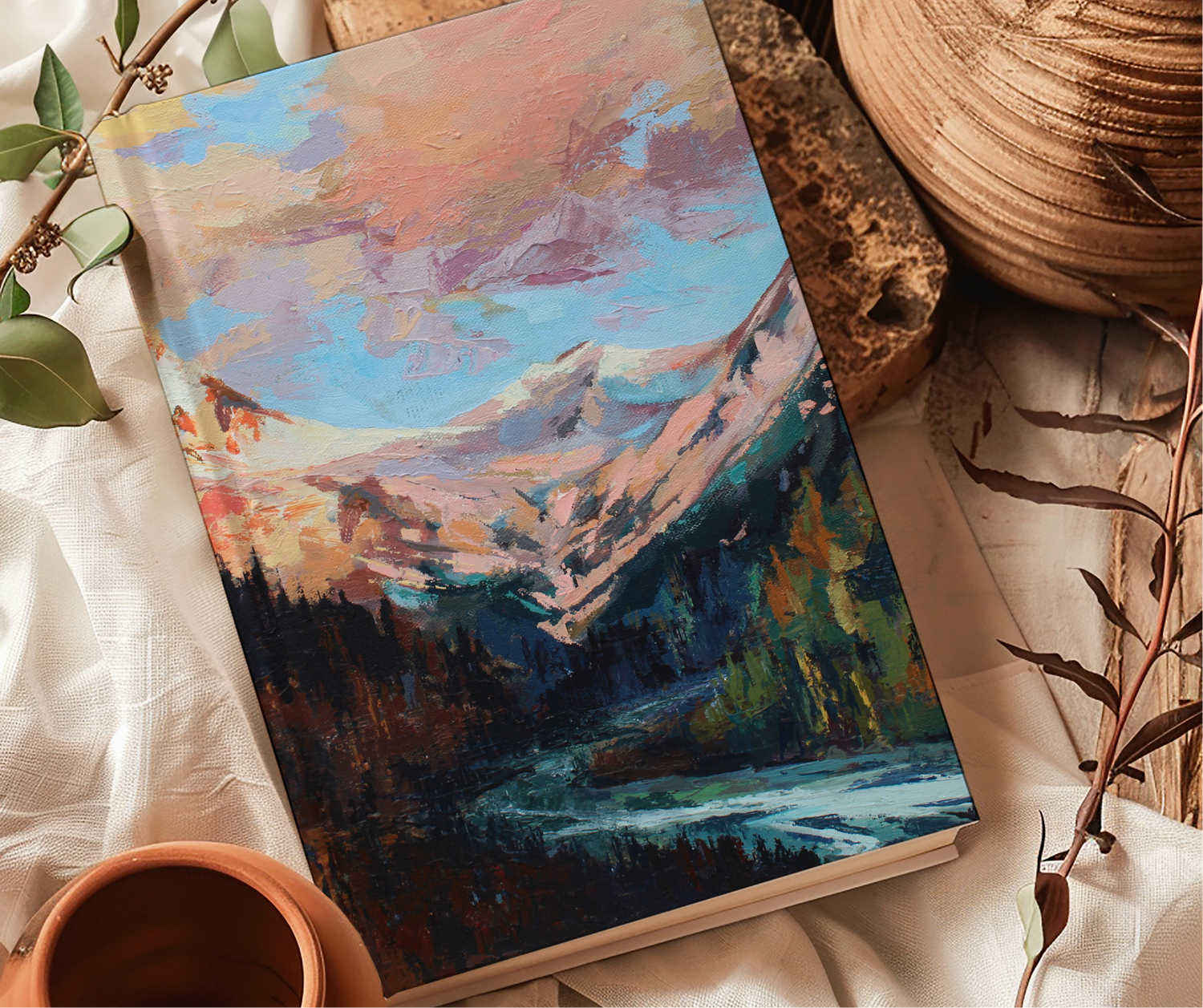 Painted mountain hardcover to do list Notebook for Women | Prayer Journal | Lakin Denny Rose Art