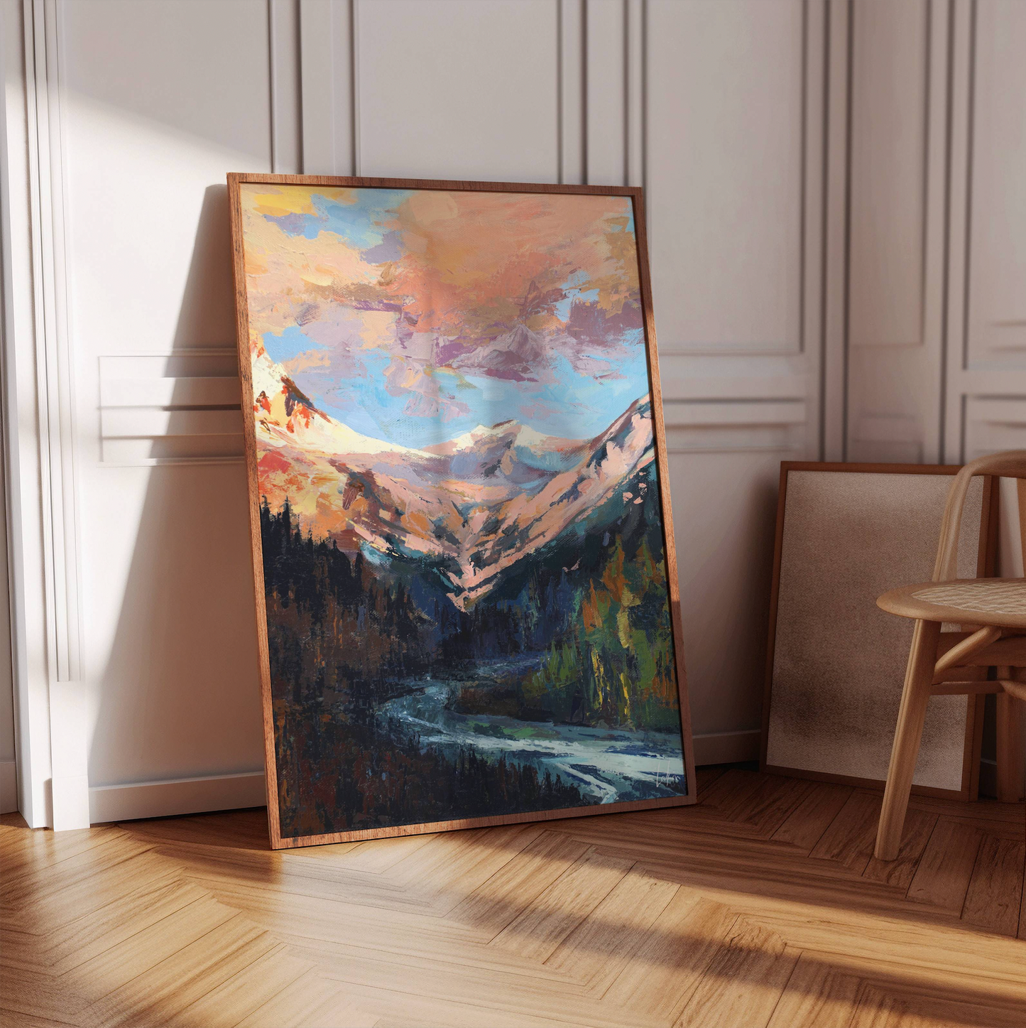 Cloud Sunset Painting | Colorado Mountains Art Print | Beautiful Sunrise Stream Landscape Artwork | Vintage Midcentury Home Decor | Vibrant Nature Wall Art | Serene River Mountain Poster | Light Meaningful Christian Art | Lakin Rose Art | Lakin Denny
